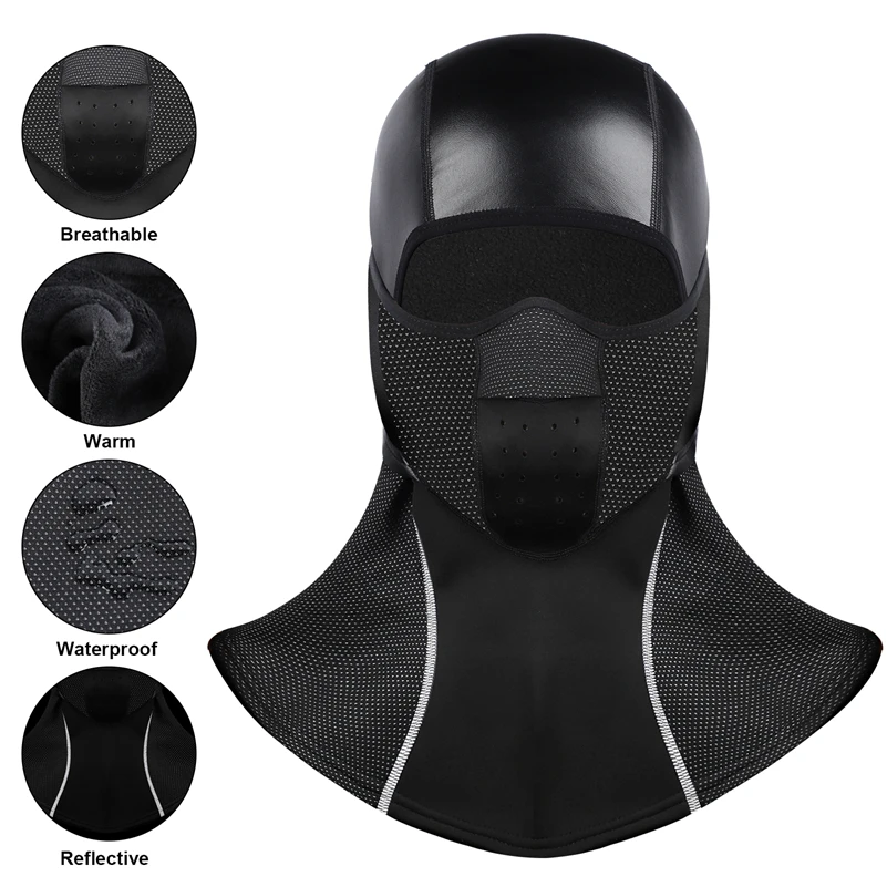 WEST BIKING Cycling Fleece Thermal Windproof Balaclava Warm Winter Waterproof PU Leather Ski Breathable Mask Bicycle Helmet Cap