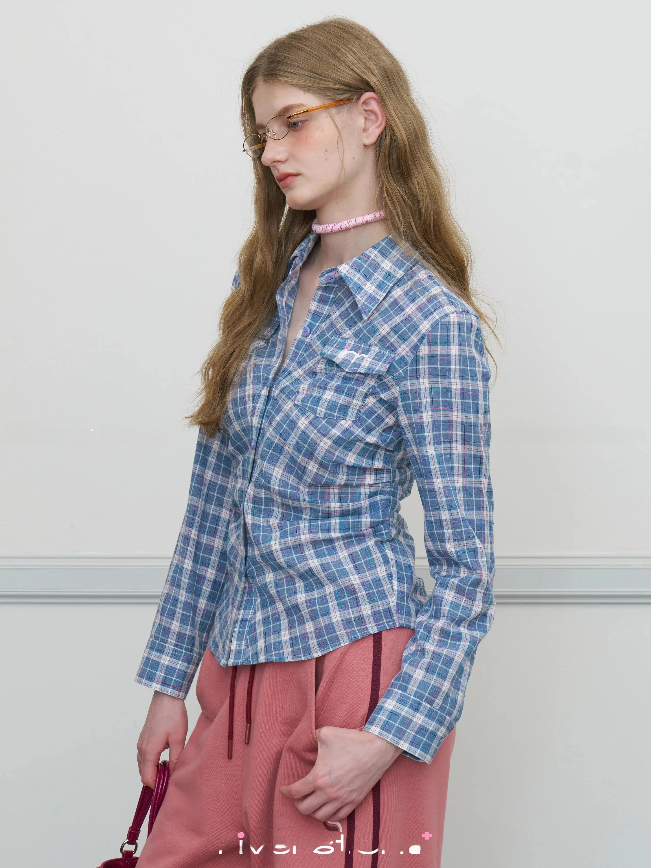 Riverstone plus Retro Plaid Gathered Long Sleeve Shirt Women's Slimming Design Spring Autumn Top Breathable Polyester Blend