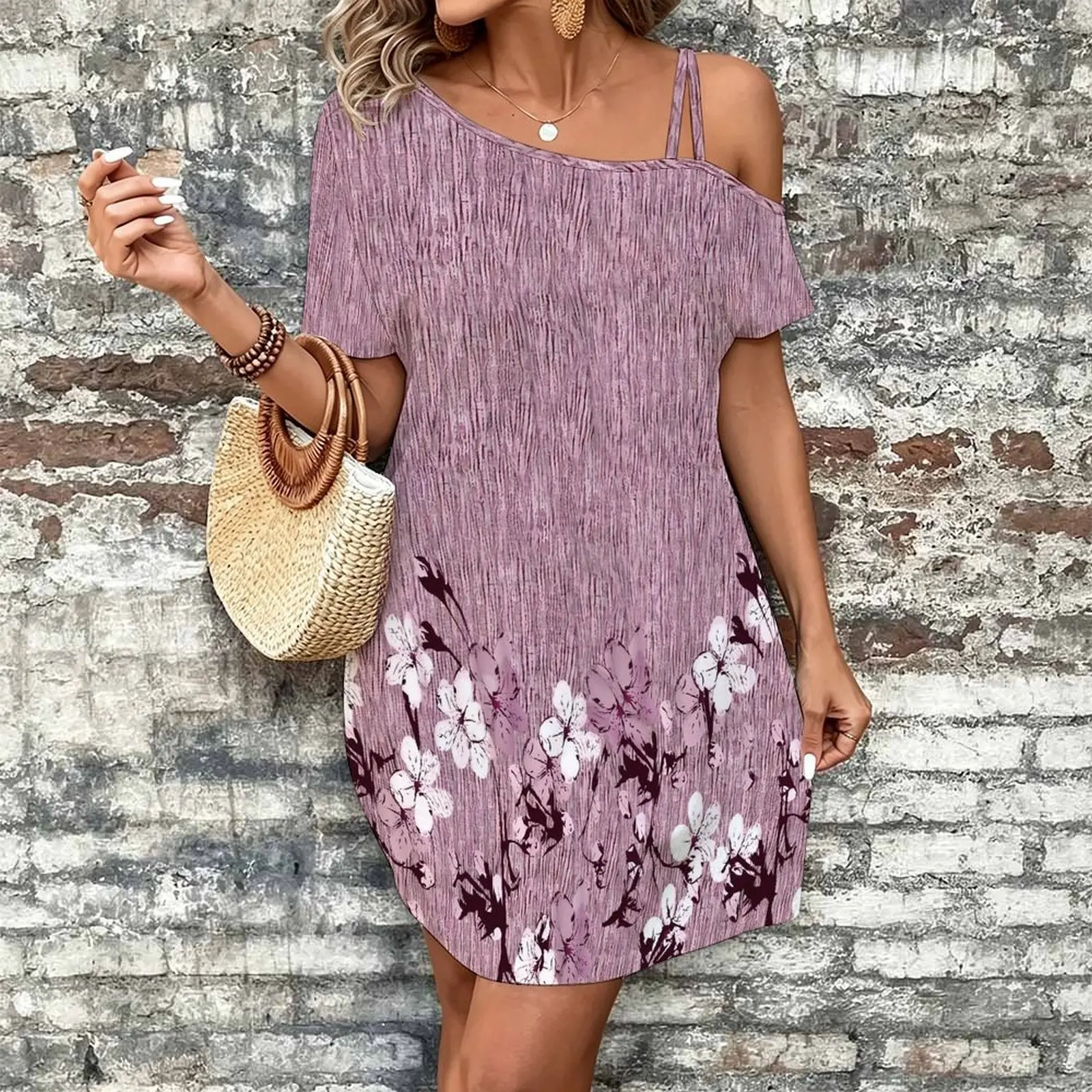 Women Print Cold Shoulder Short Sleeve Mini Dress Irregular Off Shoulder Casual Loose Tunic Dress