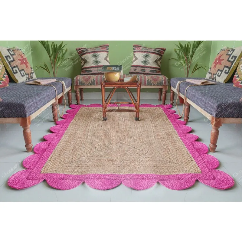 Natural Braided Jute Rug Beige & Pink Scalloped Large Area Rug Home Decorative