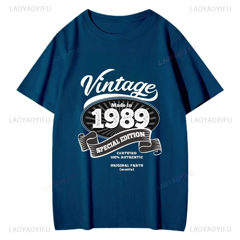 هدية تذكارية لعيد ميلاد 1989، بلوزة منقوشة على الطراز العتيق، قميص بأكمام قصيرة للجنسين، تي شيرت قطني للشارع اليومي