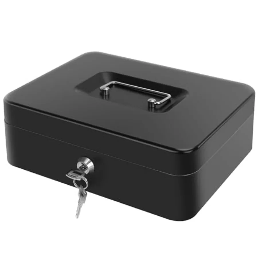 

Cash Box with Money Tray - Money Box with Lock, Metal Safe Box for Money 9.84" x 7.87" x 3.54" Black