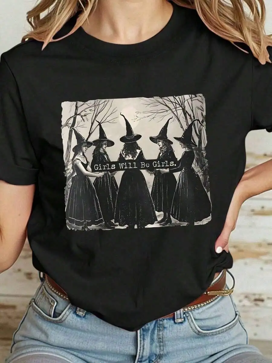 Women's-ShirtsWomen's Witch Graphic Tee - Girls Will Be Girls Black Short Sleeve-Shirt, Halloween Fashion, Comfy Casual Wear
