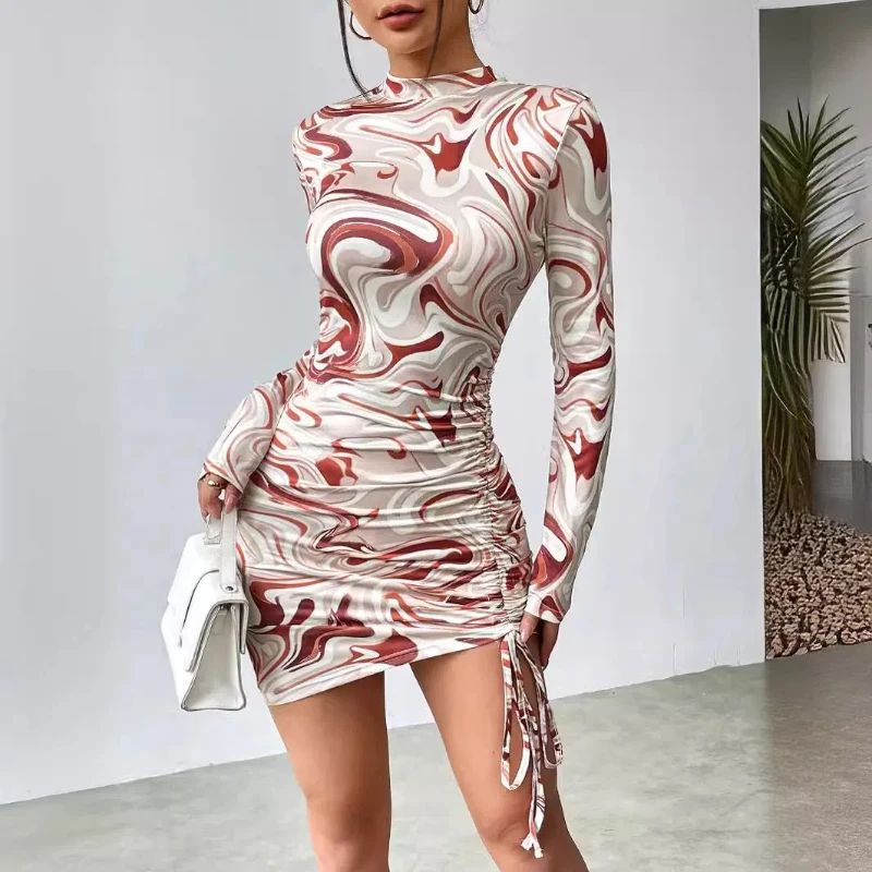 

Sexy Women's Elegant Long Sleeved Drawstring Pleated Dress with Abstract Print Round Neck Dress for Private Wear and Socialite