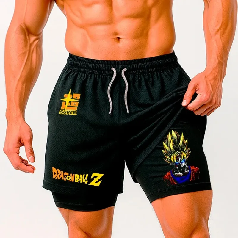 Pantaloncini Dragon Ball 2 in 1 Pantaloncini estivi da uomo con grafica anime giapponese Son Goku Pantaloncini da esterno con tasche Pantaloncini sportivi a due piani da uomo