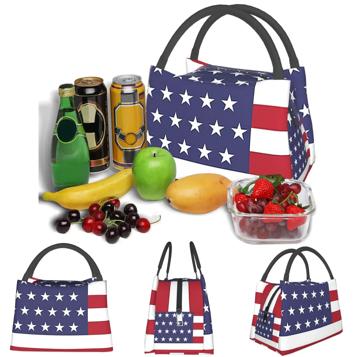 American Flag Graphic Design Lightweight Handheld Insulated Lunch Bag Large Capacity for Adults Students Travel Picnic