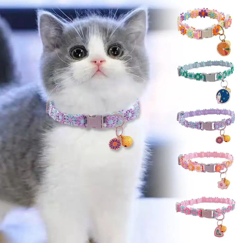 Collar de gato con flor de arcoíris a la moda con campana, accesorios con hebilla para cachorros y gatitos, Collar de encaje, Collar ajustable para perros y gatitos Colo G0S3