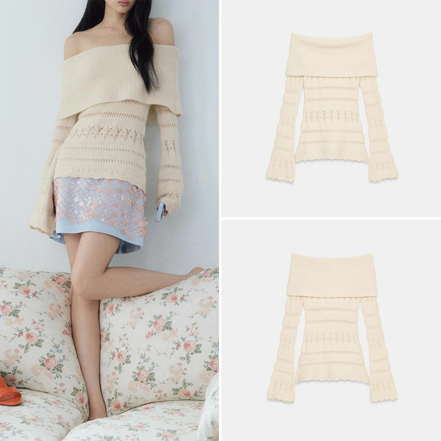 Fashionable Hollow out Shoulder Long Sleeve Straight Collar Bell Bottom Women's Top ZADATA Commute Style Slim Fit Knitted Swe...