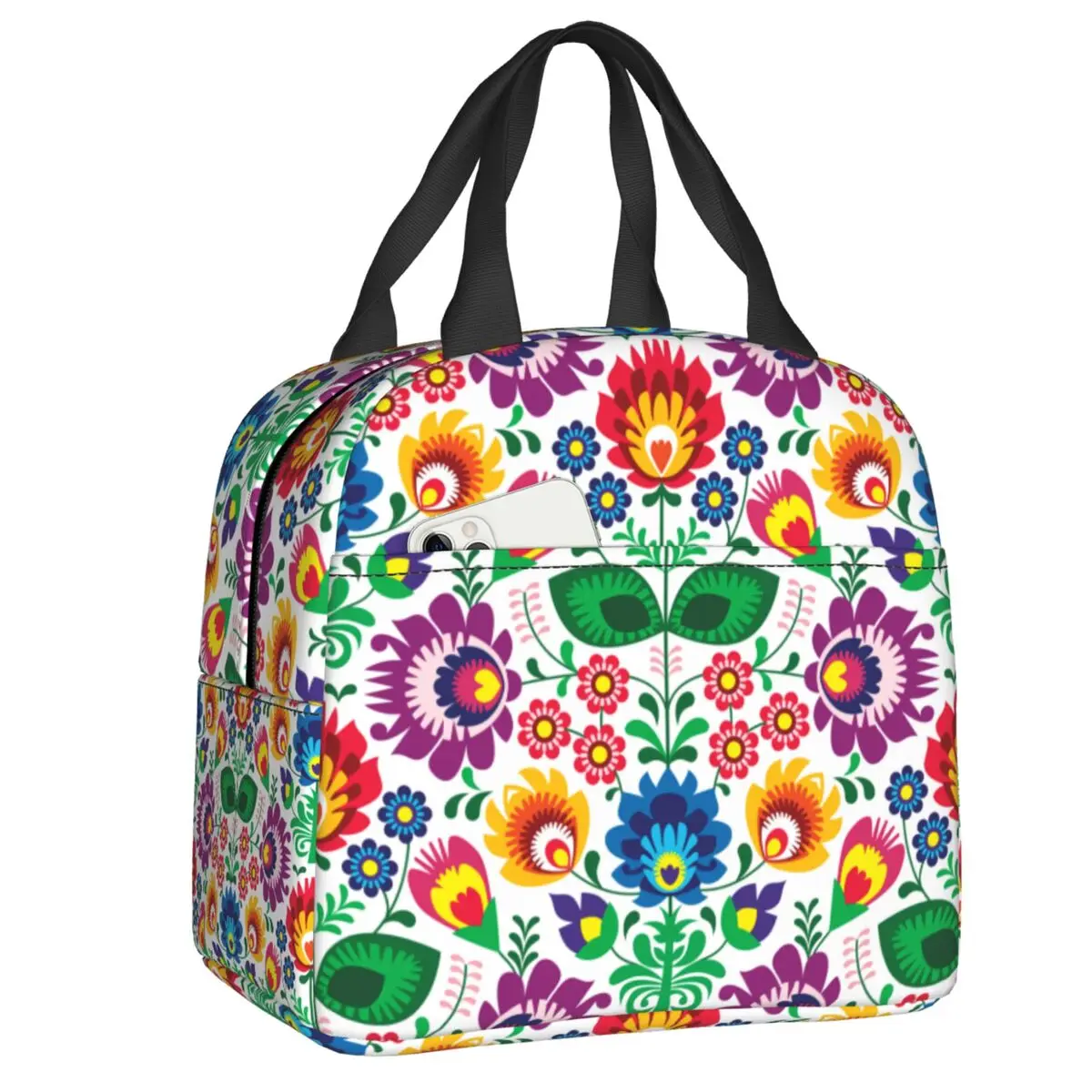 

Custom Polish Floral Resuable Lunch Boxes Women Waterproof Thermal Cooler Food Insulated Lunch Bag School Children Student