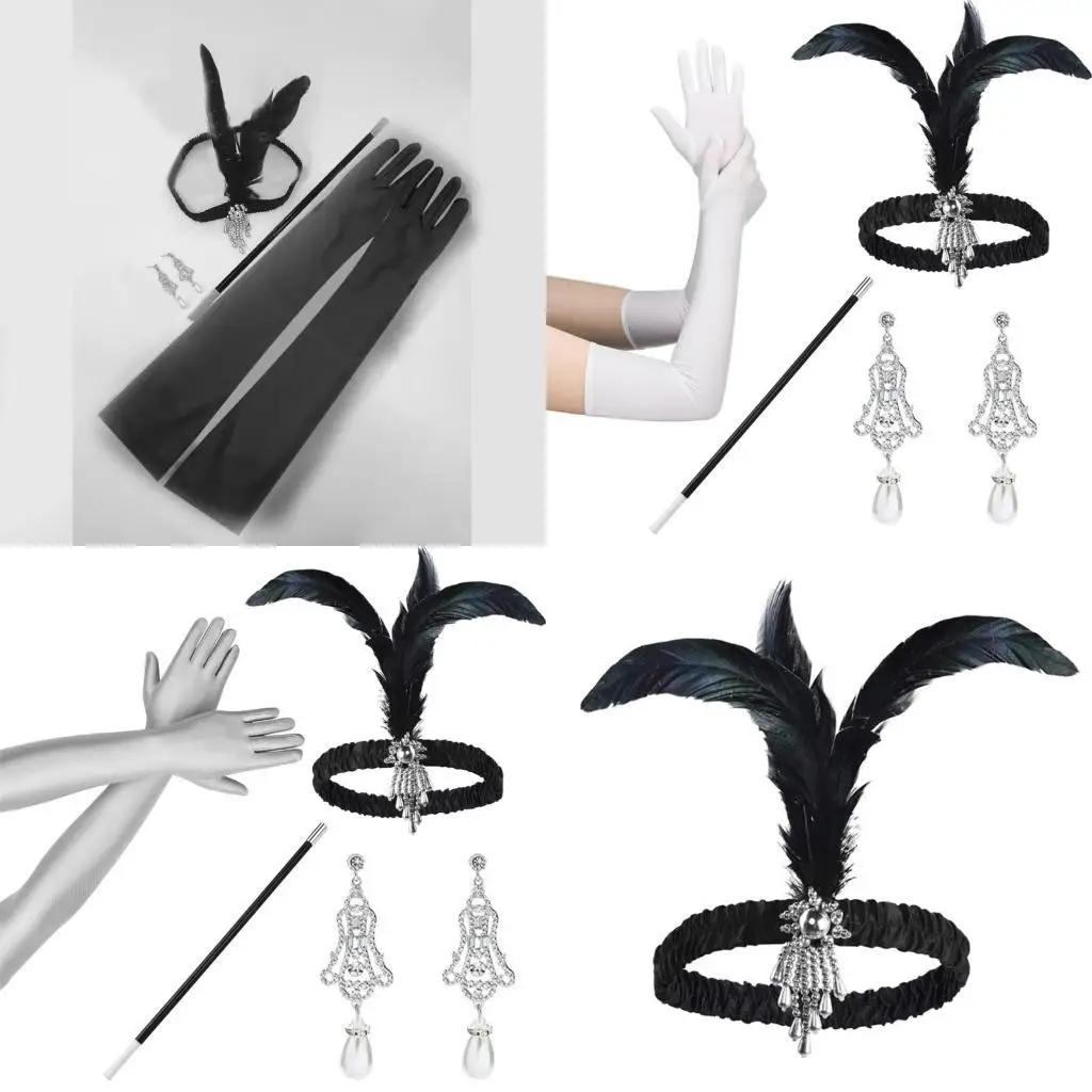 

R1WE 1920s Vintage Flapper Gatsby Female Accessories Satins Gloves Earrings Headwear