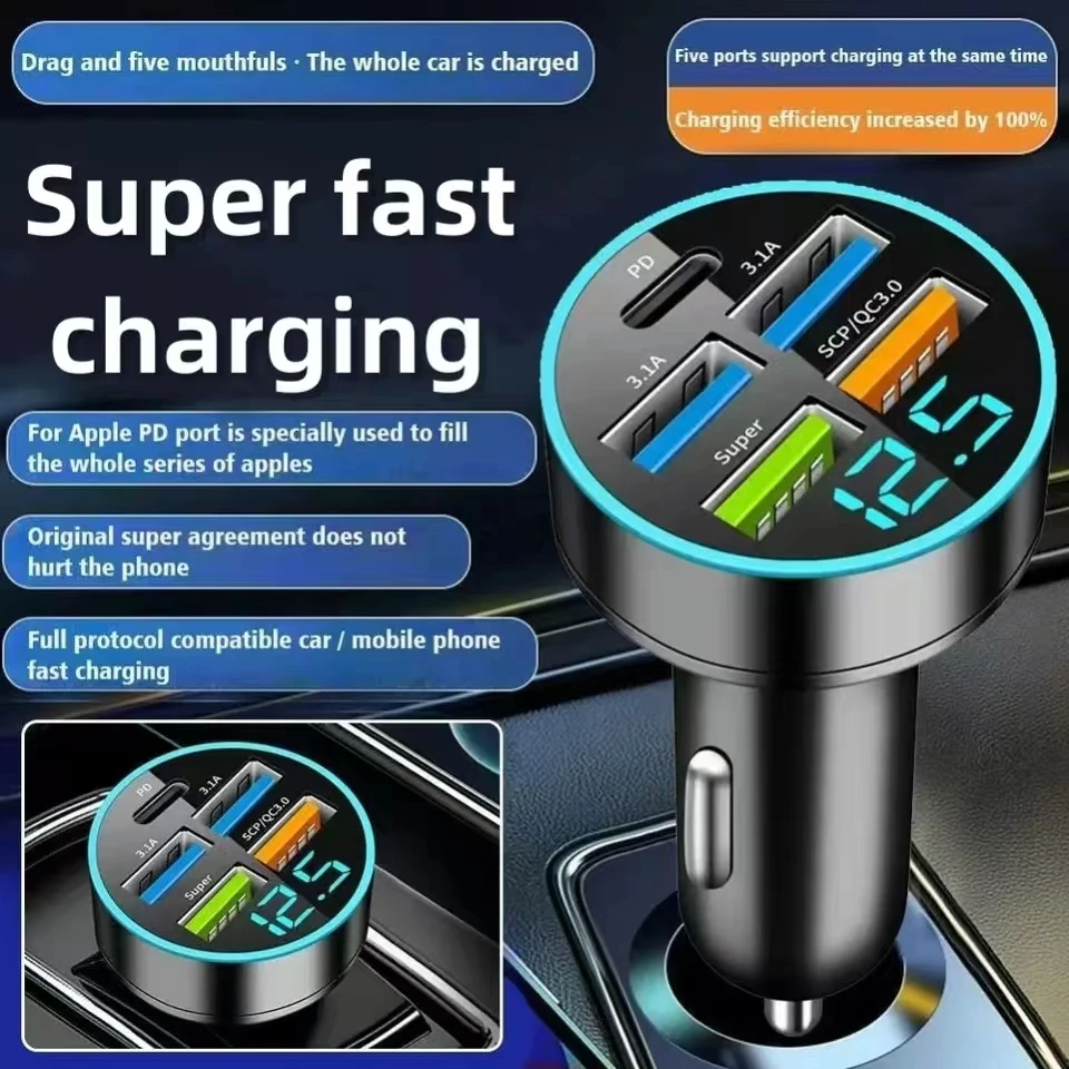 5 Port USB Car Charger Type C PD 250W Fast Charging Adapter for Huawei OPPO Oneplus iPhone 16 15 14 Pro Max 13 12 11 Mini XS