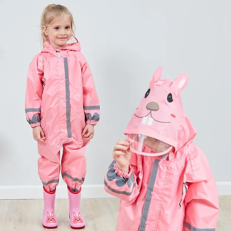 Kids Rain Suit with Hood Waterproof Jumpsuits Baby Cartoon Animals One Piece Raincoat Children Boys Girls Rainwear 1-12 Years