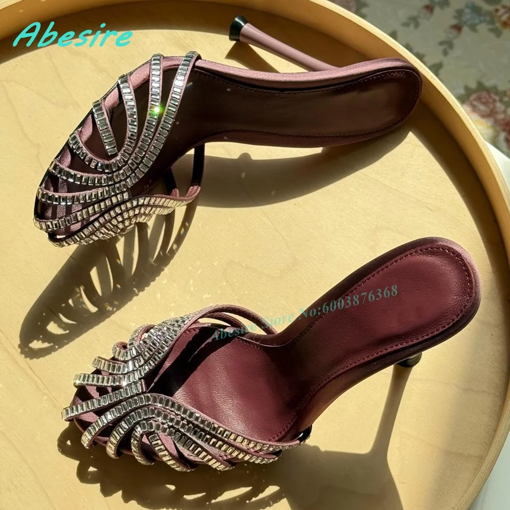 

Crystal Hollow Out Solid Slippers Round Toe Stiletto Heels Shallow Patchwork Women's Slippers Sexy Party Slingback Slip On Shoes