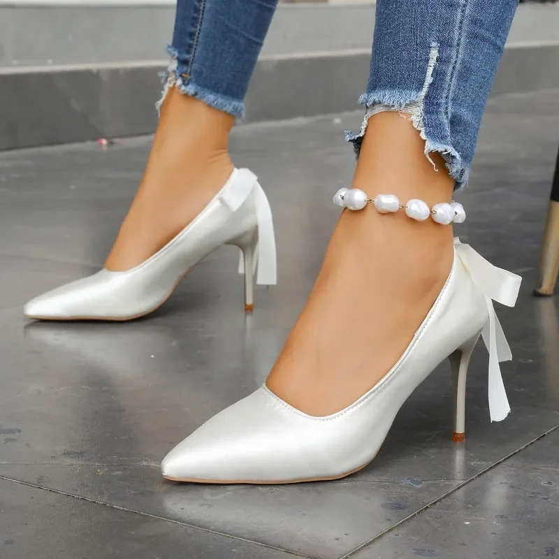 Women's 2025 New Pointed Toe Bow Slim Heel Non-Tired Foot Single Shoes High Heels