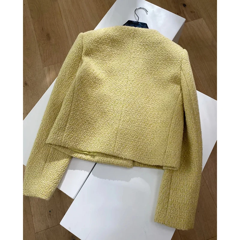 Jaket Crop Tweed Berkancing Dua Baris Elegan Mantel Berkualitas Tinggi Lengan Panjang Kuning Antik Wanita Atasan Pakaian Luar Pendek Chic Korea