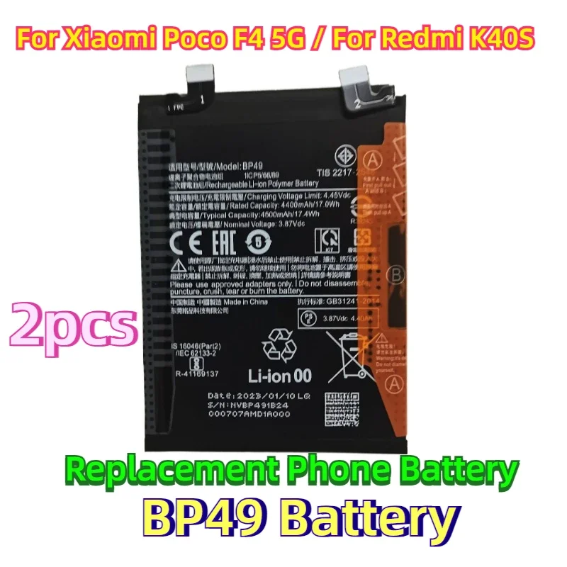 2pcs For Xiaomi Poco F4 5G / For Redmi K40S Replacement Phone Battery Batteries Bateria BP49 Battery