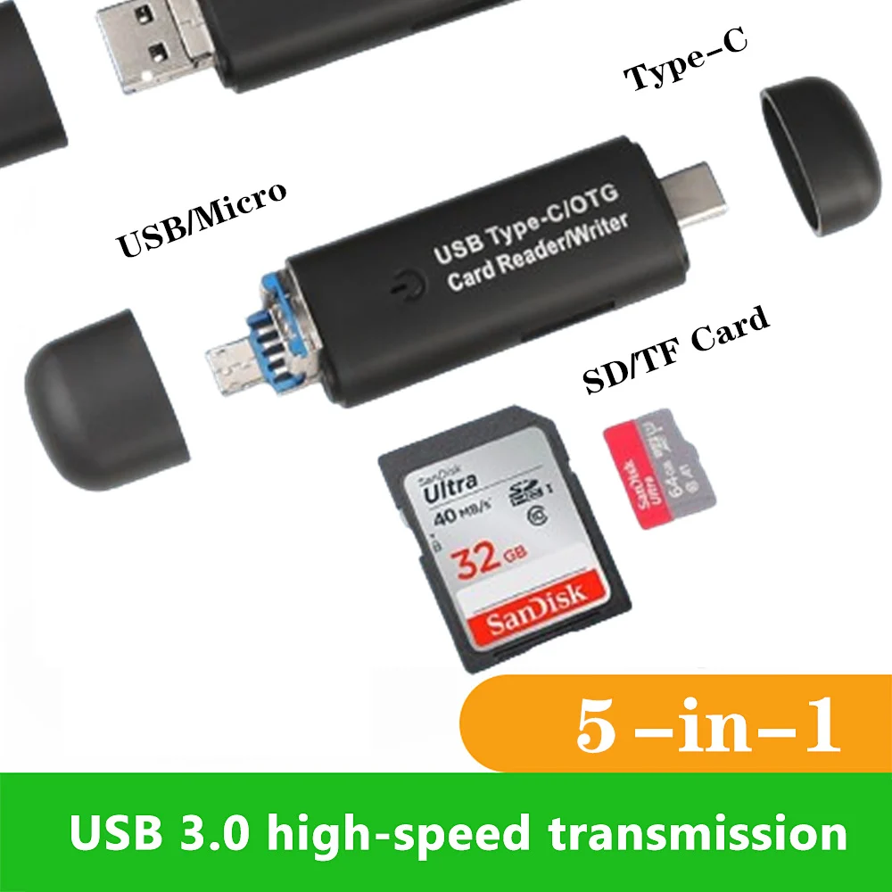 OTG 마이크로 SD 카드 리더기, USB 플래시 드라이브 메모리, TF 카드 리더기, PC 노트북 액세서리용, 5 in 1, C 타입, USB 3.0, 마이크로 어댑터