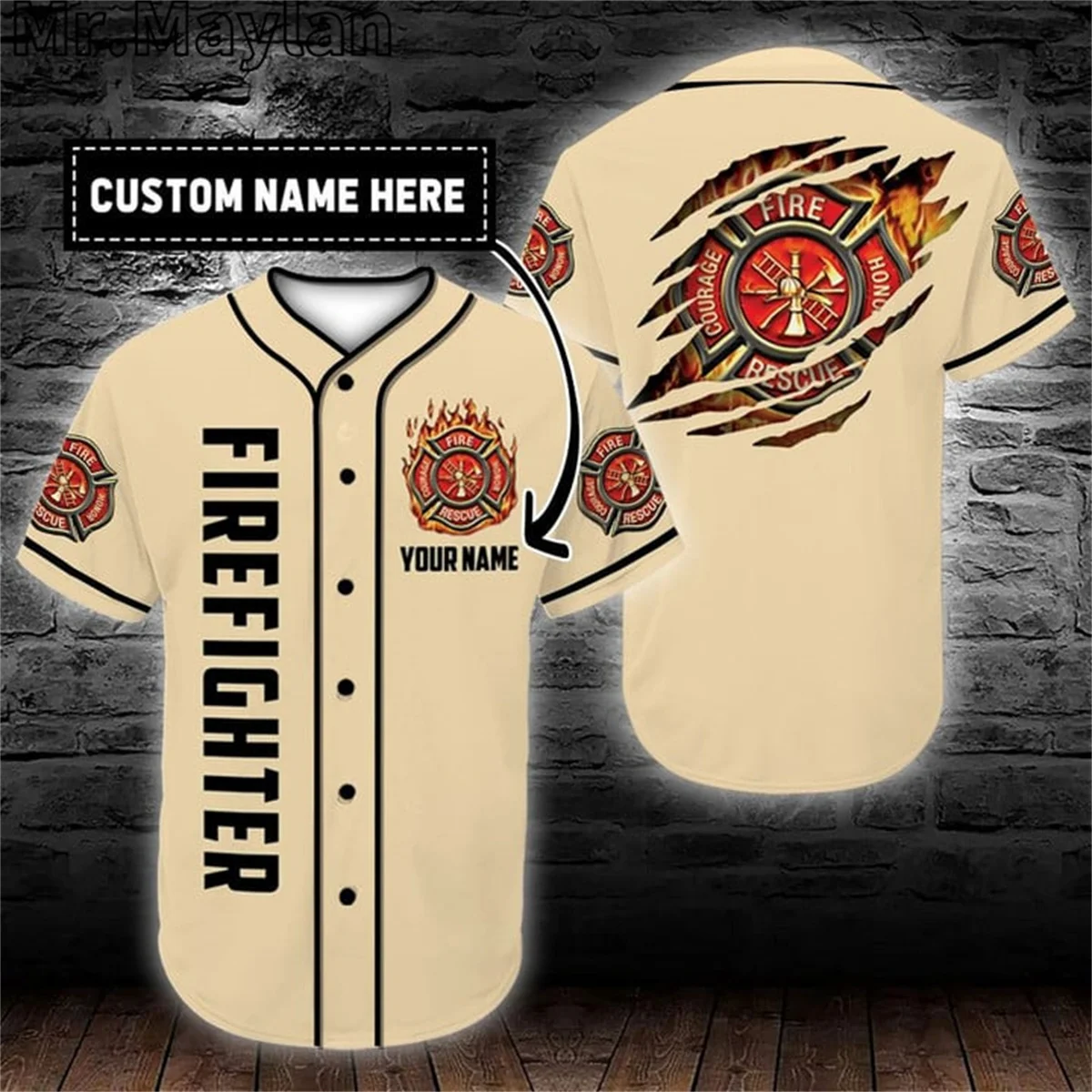 Custom Name Cosplay Costume Firefighter Baseball Tee Jersey Shirt 3D Print Firefighting Men's Shirt Casual Shirts hip hop Tops-1