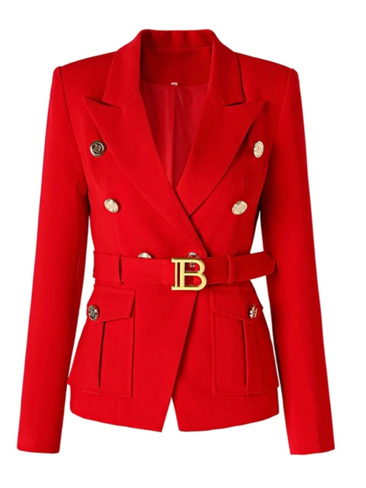 

Ele Red Slim Fit Suit Jaet with Belt Double Row Buttons Commute Sle Women's High End Faion Outerwear Top