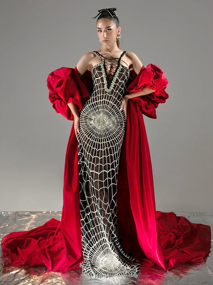 

Gothic Spider Web - Print Long Dress with Lace-Up Back Deep-V Neck Backless Sleeveless Celebrity Cocktail Party Gown