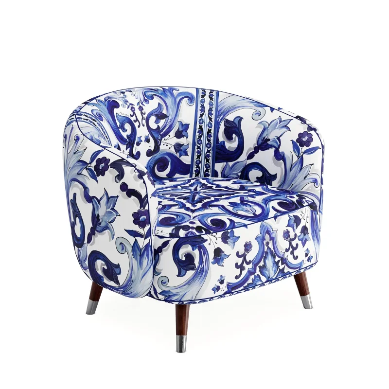Luxury decorative chair blue and white pattern solid wood frame leisure chair