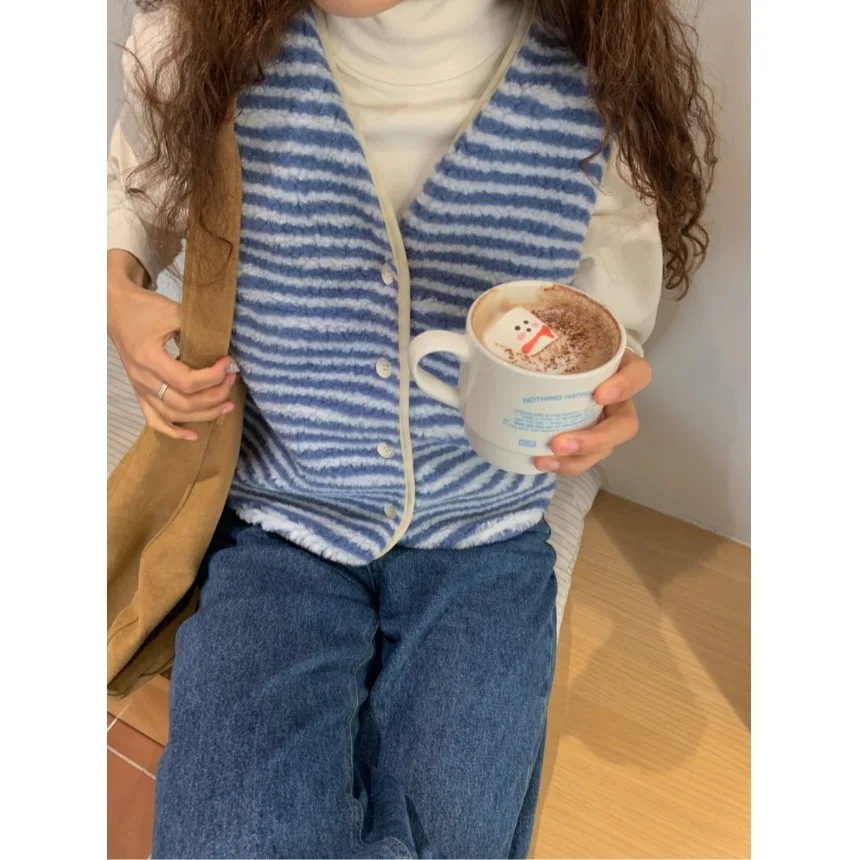 

Корейский двухцветный жилет из бархатной ткани с полосками, тонкий хлопковый жилет с V-образным вырезом и одной пуговицей, для повседневной носки, женский жилет