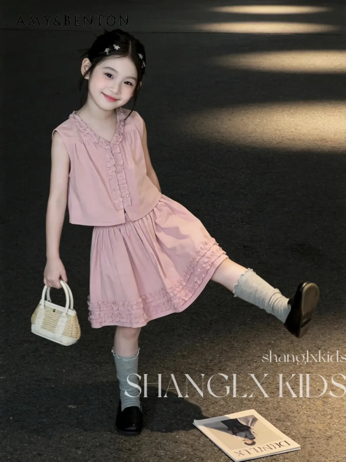 

Big Girls High End Luxury Niche Pink Suit 2026 New Summer Childrens Korean Fashion Ruffle Trim Sleeveless Top and Skirt 2pcs Set