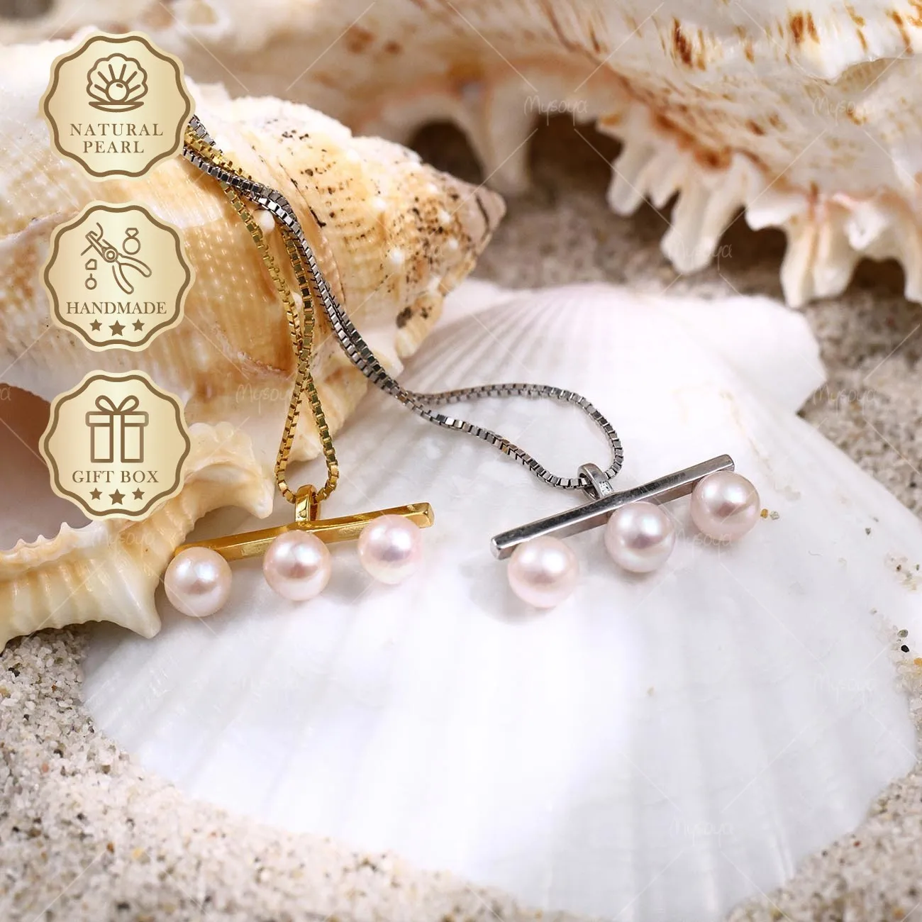 

Ожерелье Mysoya Golden Silvery S925 Balance Bar с подвеской из жемчуга Акойя 5-5,5 мм, подарочная коробка, для нее на день рождения, День святого Валентина