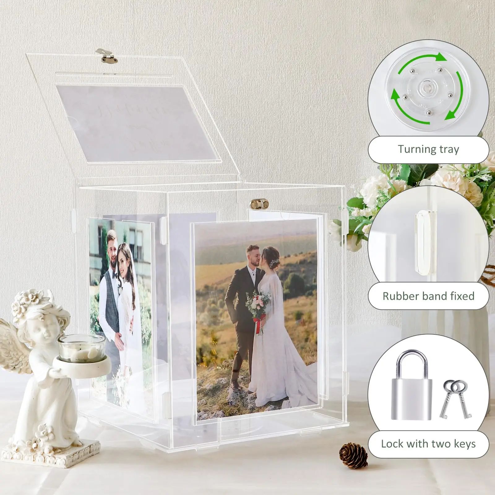 Acrylic Wedding Card Box with Picture Holder, Gift Card Box for Wedding Reception Money Envelope Birthday Party