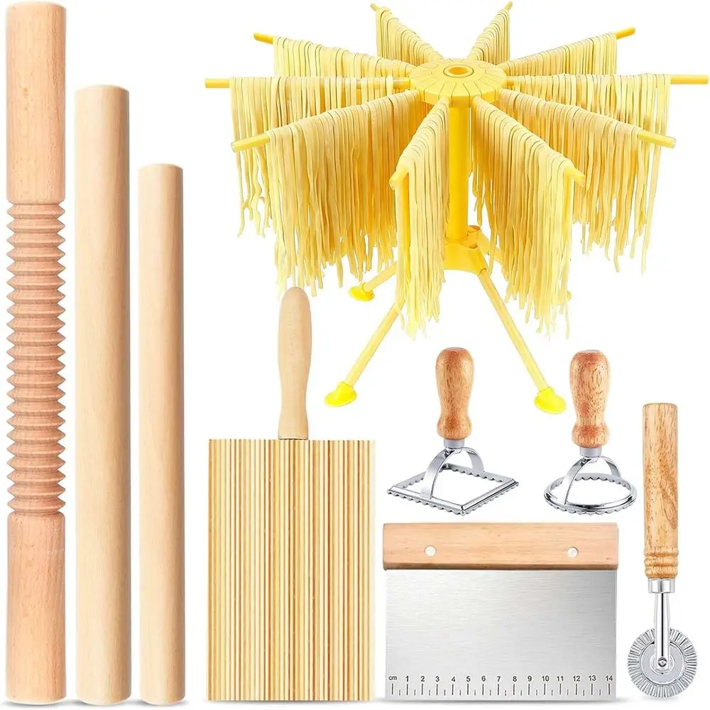 

Pasta Making Tools, 9 Piece Wood Pasta Making Kit with 3 Rolling Pins, 1 Pasta Drying Rack, 1 Gnocchi Board, 1 Dough Cutter, 1 R