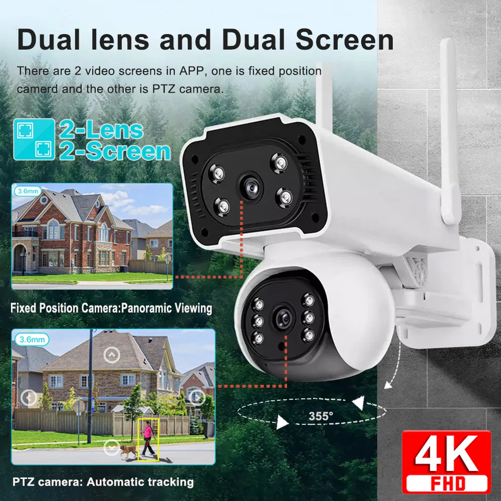 

Outdoor Dual Lens Dual Screen IP Cameras 4K 8MP PTZ Wifi Camera 8X Zoom AI Tracking Security Protection CCTV Surveillance Cam