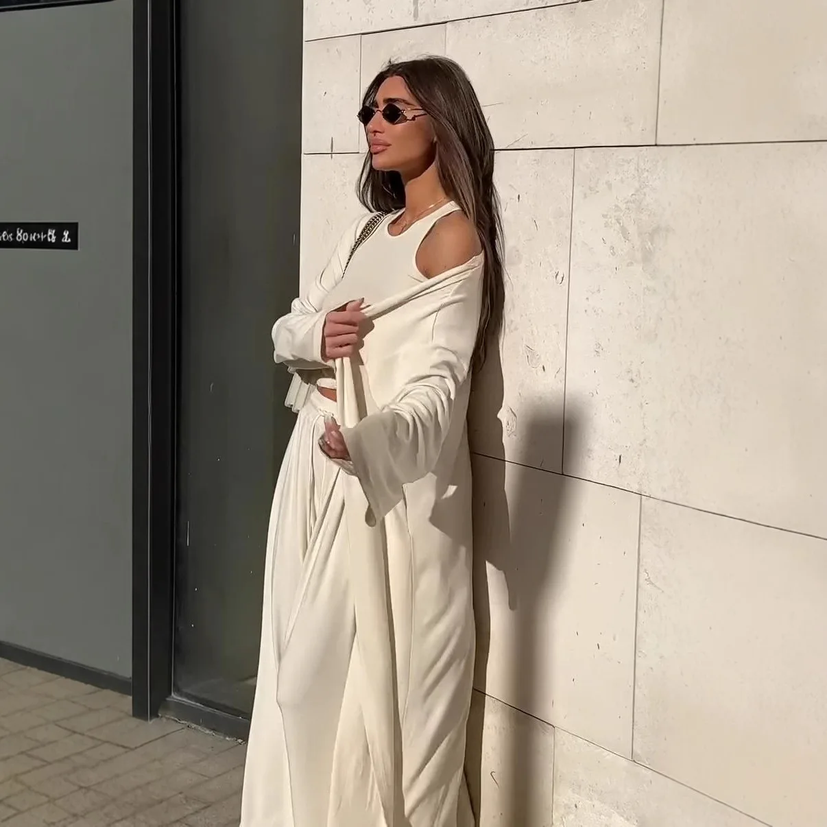 

Ele Commute Outfit Women's Long Sve Vest Jaet Wide Leg Pants Set Polyester Fiber Profional Fem Pants Set