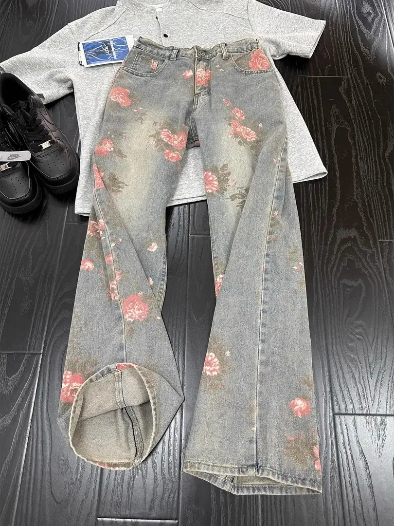 

Cleanfit Rose Print Straight Leg Jeans Men's Women's High Street Vibe Cotton Denim Breathable Loose Fit Summer Jeans