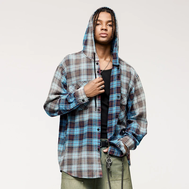 High-end Korean streetwear fall new loose long-sleeved shirt retro personality gradient plaid men's casual tops