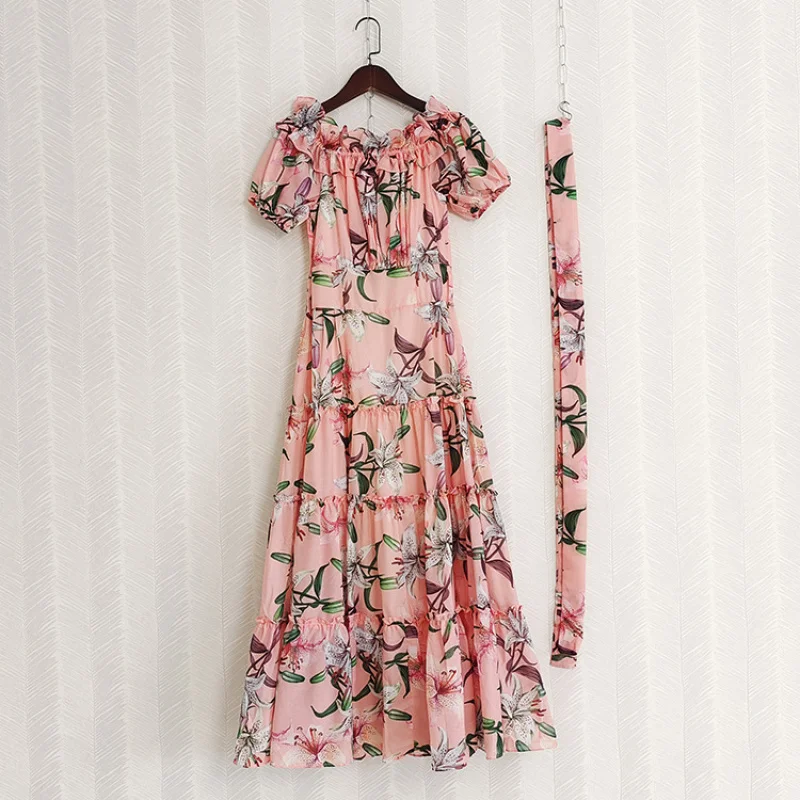 

European and American Style2025Summer New Summer Fashion Vacation Floral Print Print off-Neck Belt Dress