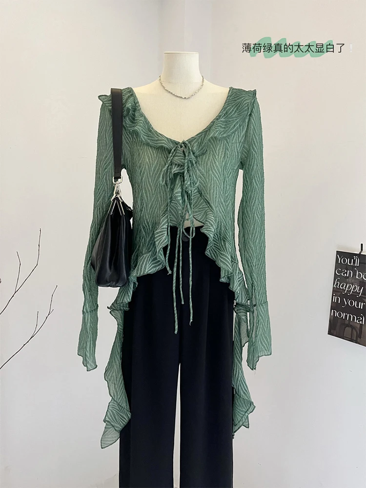 French Fashion Green Casual Shirts V-Neck Beach Blouses Lace Up 2023 Gyaru Summer Y2k Coquette Flare Sleeve Design 90s New Trend