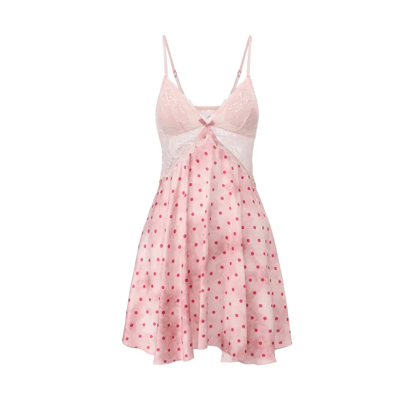 Sexy Lingerie Satin Lace Polka Dot Babydoll Nightgown Robe Set Removable Pads Push Up Sheer Plus Size Sleepwear