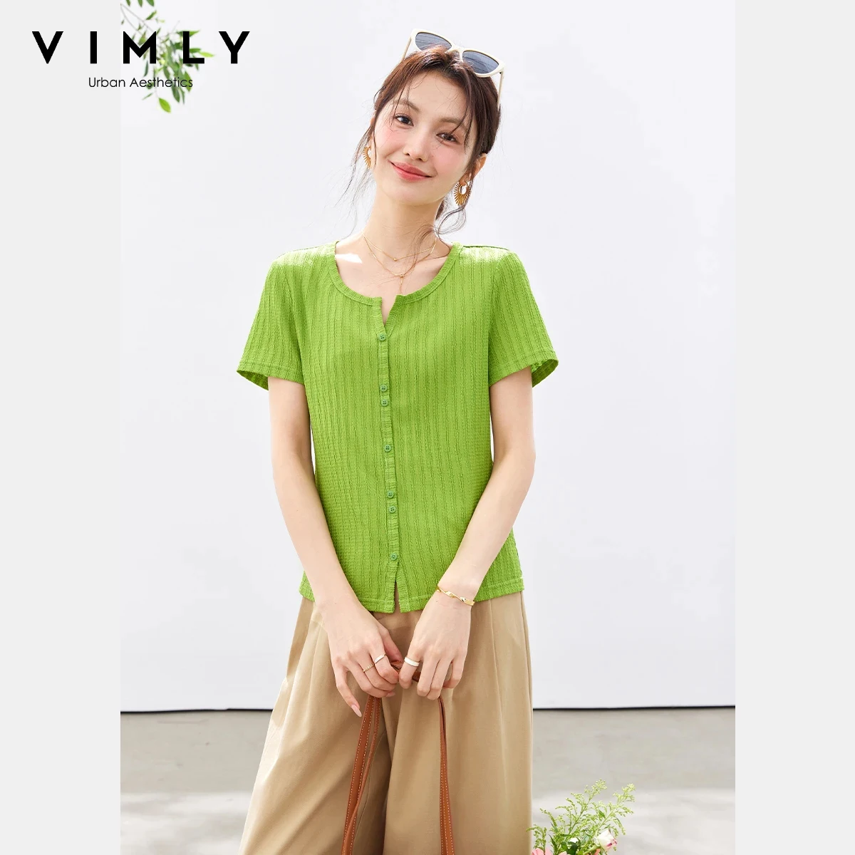 VIMLY Women's Fashion Textured Knit T-Shirt 2026 Summer New Green Crew Neck Slit Hem Minimalist Office Short Sleeve Top A6356
