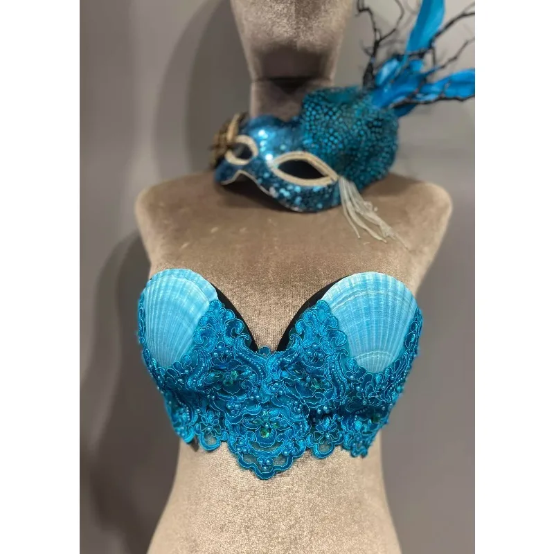 Personalizado sereia princesa vieira peito natural concha sutiã pérola sereia desempenho traje de dança do ventre
