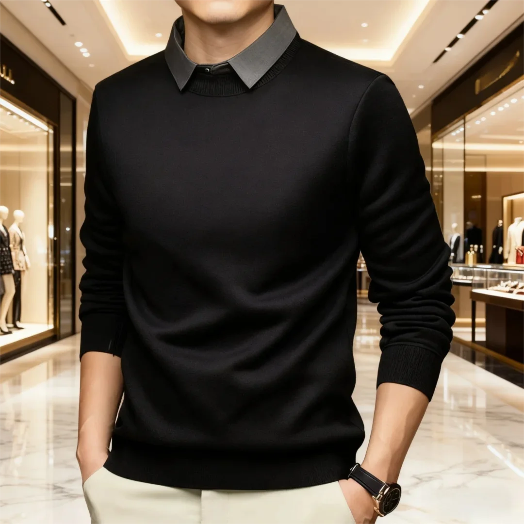 Мужской вязаный свитер с воротником рубашки — двухслойный дизайн с начесом на флисовой подкладке для делового повседневного использования (тяжеловес, зима Essential)