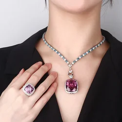 Exquisite Adjustable Ring Pendant Necklace Blue Pink High Carbon Drill Cushion Cut Jewelry in Elegant Style for Women Party Gift