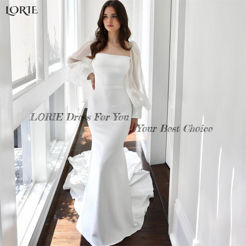 LORIE Elegant Beach Mermaid Wedding Dresses Tulle Puff Sleeves Strapless Eleastic Bridal Gowns Solid Satin Bodycon Bride Dress