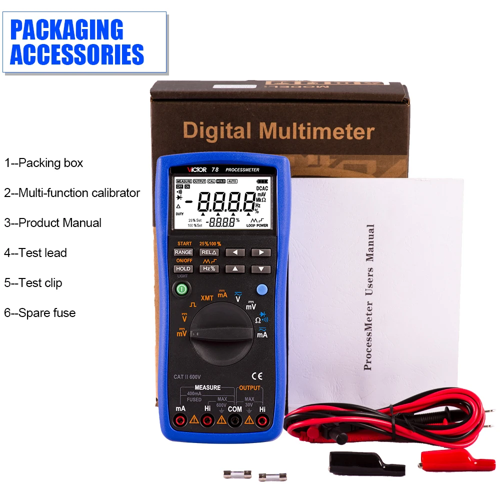 Victor78 Digital Process Multimeter Backlight True RMS AC/DC Ammeter Voltmeter Ohm Frequency Diode Temperature Transistor Tester