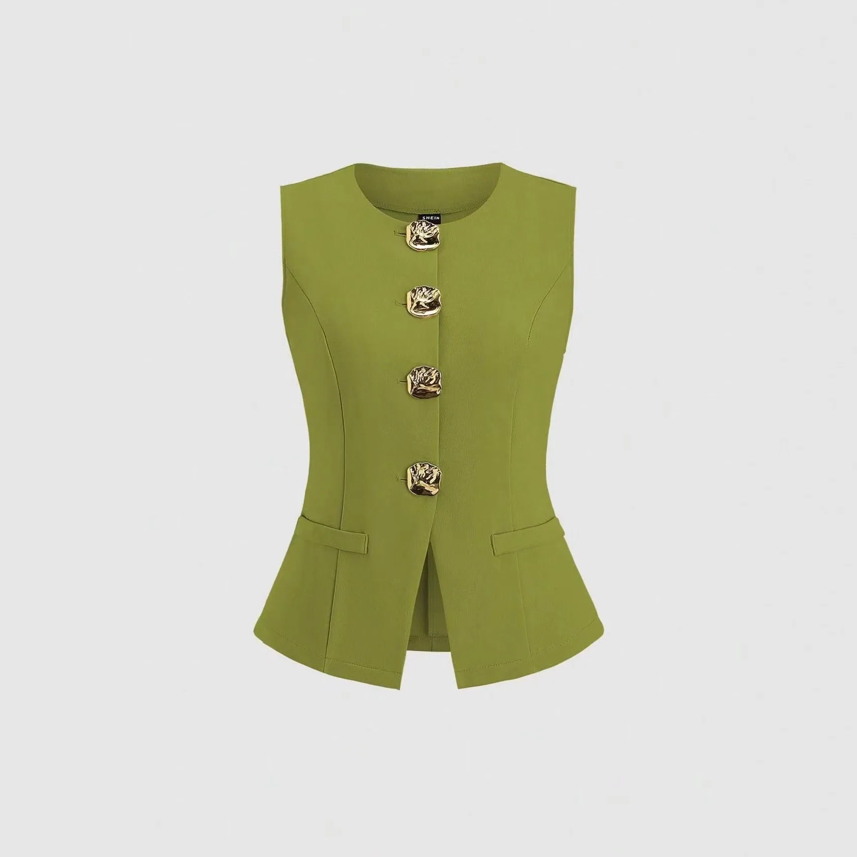 Women's Round Neck Sleeveless Vest Rose Gold Buttons Fitted Waistcoat Elegant Slim Tailored Tank Top for Office Daily Wear Vests