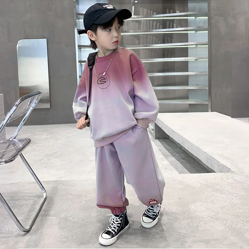 2026 Boys Fashion Gradient Set Graphic Print Sweatshirt + Pants 2-Piece Spring Autumn Kids Handsome Tracksuit Outfits 5-14 Years