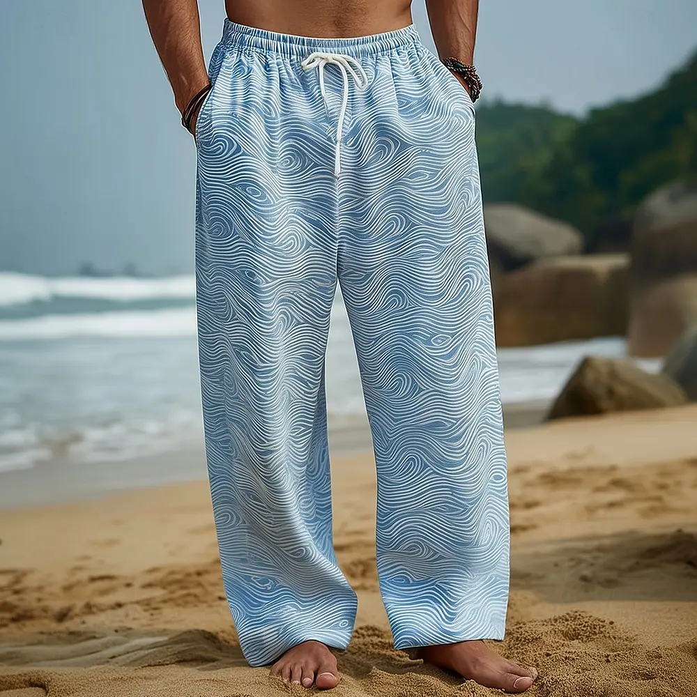 

Мужские повседневные широкие брюки в уличном стиле, свободные брюки с ретро-принтом, эластичным поясом и шнурком, для отпуска, пляжа, путешествий и повседневной носки