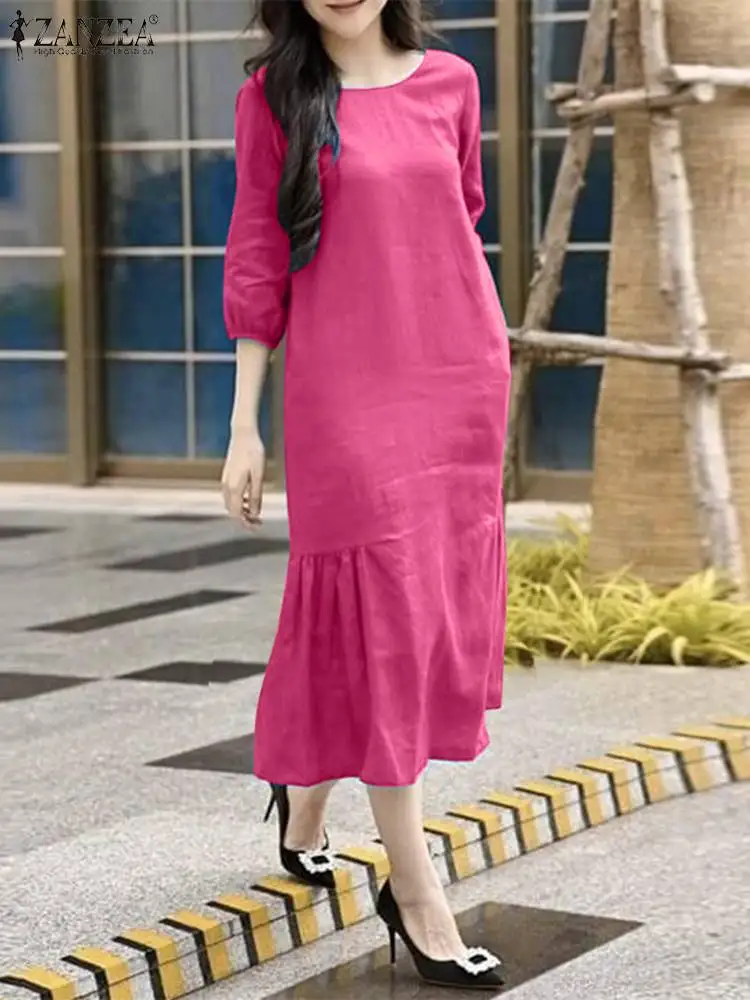 ZANZEA Summer Elegant Midi Dresses Women O Neck 3/4 Puff Sleeve Robe Stylish Ruffles Hem Dress Casual Loose Holiday Vestidos