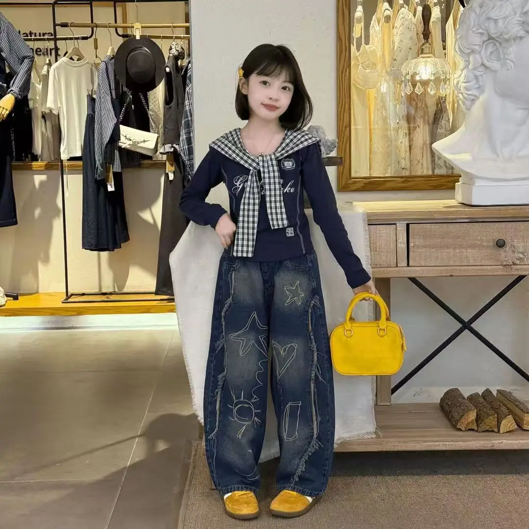 Girls' Autumn Set 2025 New Loose Embroidered Jeans Sweet Cool Western Style Casual Shawl Long Sleeve Top Trendy