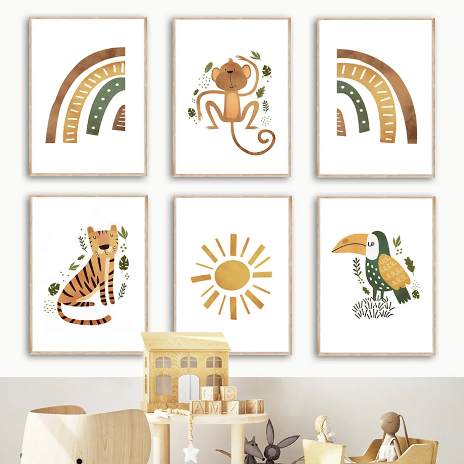 

Wild Jungle Animals Tiger Rhino Monkey Rabbit Rainbow Sun Wall Art Canvas Painting And Prints Wall Pictures Baby Kids Room Decor