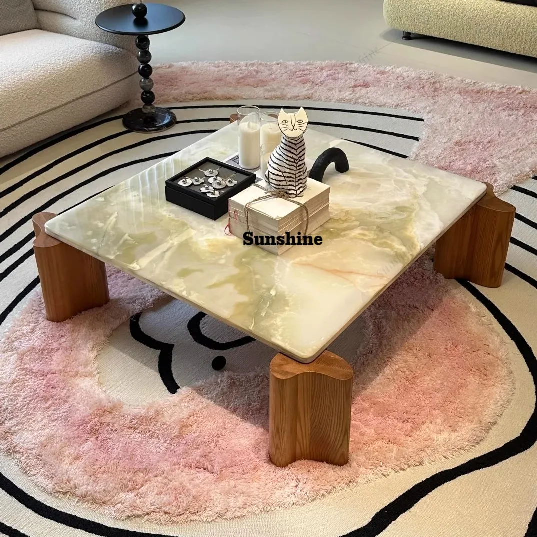 

Celadon Green Marble & Solid Wood Square Table, Nordic Wabi-Sabi Minimalist Design, Heat&Scratch Resistant, Artisan, Customize